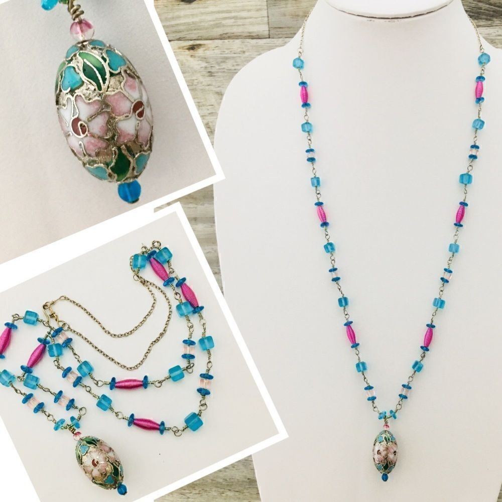 Colorful Cloisonné Cloisonne Floral Glass Necklace 1030